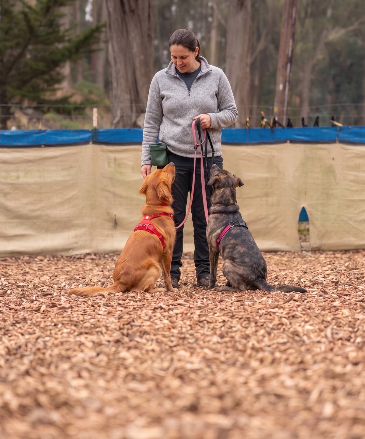 A dog walker in a grey fleece holding two leashes, a golden retriever and a brindle shepherd mix sitting at her feet and looking up at her