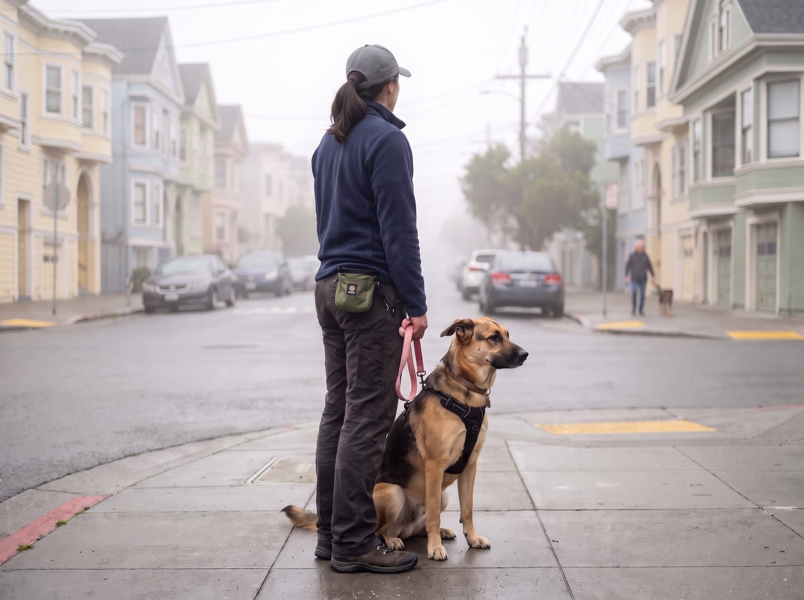 A woman dog walker in a cap and fleece standing calmly with a shepherd mix sitting at her leg on a foggy residential street, another dog and walker far across the road