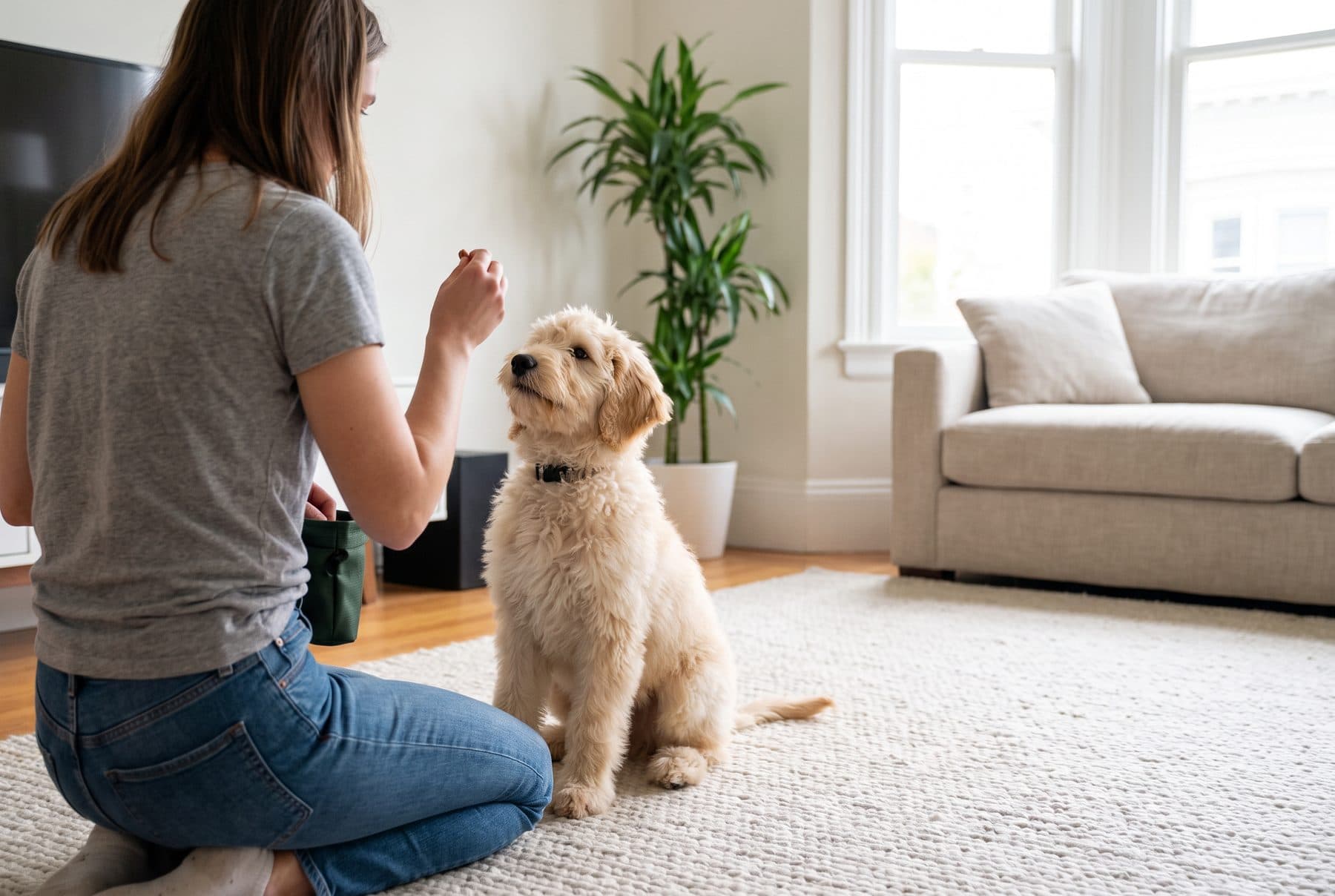 A goldendoodle puppy sitting on a living-room rug, looking up at a woman kneeling beside it with a treat